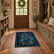 navy blue red folk floral traditional area rug, wide interior view