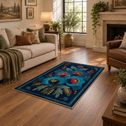 navy blue red folk floral traditional area rug, design detail view