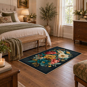 dark teal cream coral rose bouquet floral area rug, cozy home setting