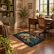 dark teal cream coral rose bouquet floral area rug, complete product view
