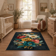 dark teal cream coral rose bouquet floral area rug, angled room view