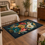 dark teal cream coral rose bouquet floral area rug, full pattern view