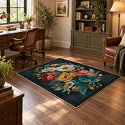 dark teal cream coral rose bouquet floral area rug, soft surface detail