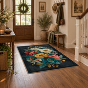 dark teal cream coral rose bouquet floral area rug, wood floor styling
