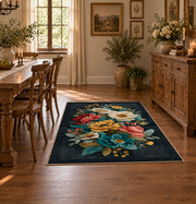 dark teal cream coral rose bouquet floral area rug, close decorative detail