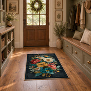 dark teal cream coral rose bouquet floral area rug, front room mockup