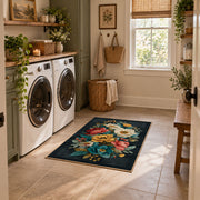dark teal cream coral rose bouquet floral area rug, wide interior view