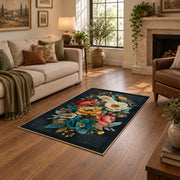dark teal cream coral rose bouquet floral area rug, design detail view