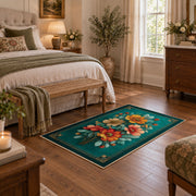 teal orange pink floral garden vintage area rug, cozy home setting