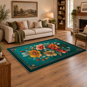teal orange pink floral garden vintage area rug, angled room view