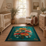 teal orange pink floral garden vintage area rug, full pattern view