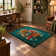teal orange pink floral garden vintage area rug, soft surface detail