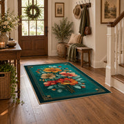 teal orange pink floral garden vintage area rug, wood floor styling