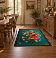 teal orange pink floral garden vintage area rug, close decorative detail