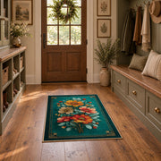 teal orange pink floral garden vintage area rug, front room mockup