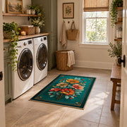 teal orange pink floral garden vintage area rug, wide interior view