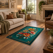 teal orange pink floral garden vintage area rug, design detail view