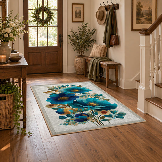 white blue orange watercolor flowers botanical area rug, featured room view