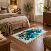 white blue orange watercolor flowers botanical area rug, cozy home setting