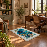 white blue orange watercolor flowers botanical area rug, complete product view