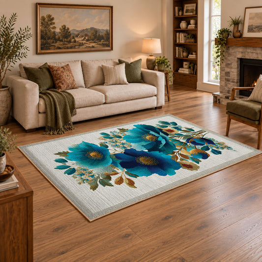 white blue orange watercolor flowers botanical area rug, angled room view