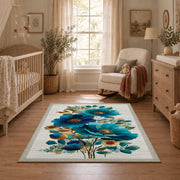 white blue orange watercolor flowers botanical area rug, full pattern view