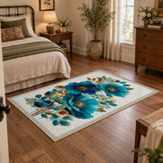 white blue orange watercolor flowers botanical area rug, soft surface detail