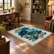 white blue orange watercolor flowers botanical area rug, wood floor styling