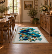 white blue orange watercolor flowers botanical area rug, close decorative detail