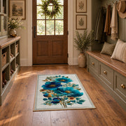 white blue orange watercolor flowers botanical area rug, front room mockup