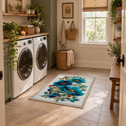 white blue orange watercolor flowers botanical area rug, wide interior view