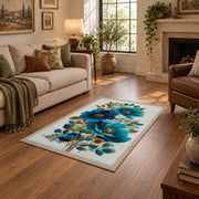 white blue orange watercolor flowers botanical area rug, design detail view