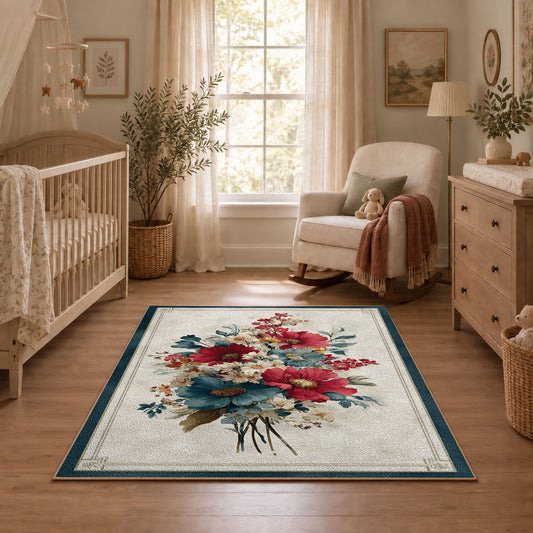white red blue elegant floral spray botanical area rug, featured room view
