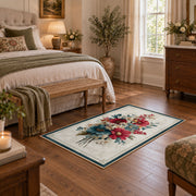 white red blue elegant floral spray botanical area rug, cozy home setting
