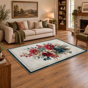white red blue elegant floral spray botanical area rug, angled room view
