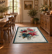 white red blue elegant floral spray botanical area rug, close decorative detail