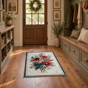 white red blue elegant floral spray botanical area rug, front room mockup