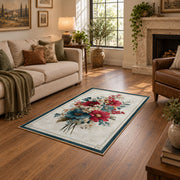 white red blue elegant floral spray botanical area rug, design detail view