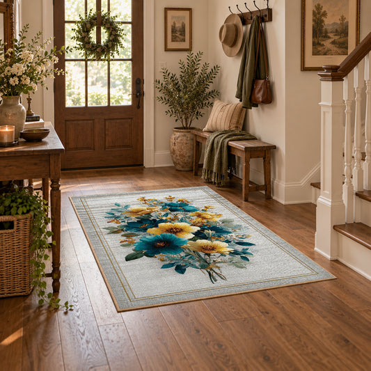 white blue yellow watercolor floral bouquet area rug, featured room view