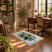 white blue yellow watercolor floral bouquet area rug, complete product view