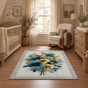white blue yellow watercolor floral bouquet area rug, full pattern view
