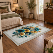 white blue yellow watercolor floral bouquet area rug, soft surface detail