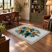 white blue yellow watercolor floral bouquet area rug, wood floor styling
