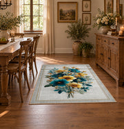 white blue yellow watercolor floral bouquet area rug, close decorative detail