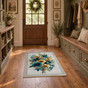 white blue yellow watercolor floral bouquet area rug, front room mockup