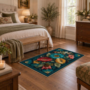 dark teal pink folk floral traditional area rug, cozy home setting