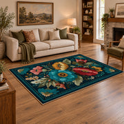 dark teal pink folk floral traditional area rug, angled room view