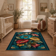 dark teal pink folk floral traditional area rug, full pattern view