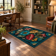 dark teal pink folk floral traditional area rug, wood floor styling