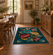 dark teal pink folk floral traditional area rug, close decorative detail